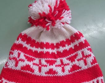 Knitted hat, Red White Winter hat, Knitted hat, Winter hat, Winter beanie, Red hat, Wool hat, Hat for Women, Knit Pom Pom Hat, ready to ship