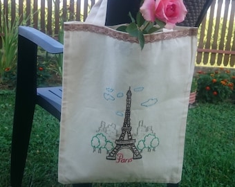 Eiffel Tower Bag, PARIS scene tote Bag, Paris Market Bag, Paris bag, Eiffel tower, Embroidered  tote bag, Eco bag, Eco Art Market Bag, Gift