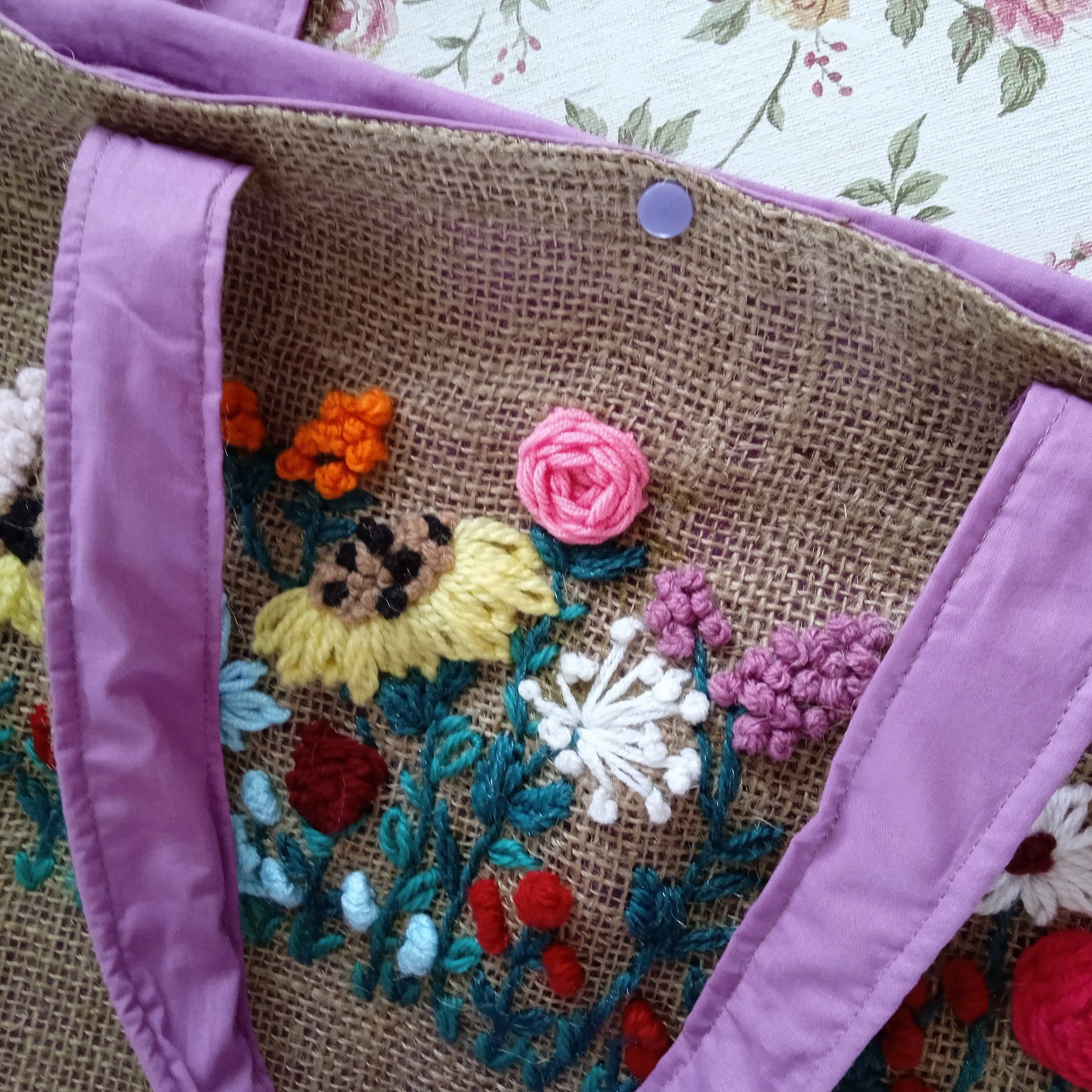 Hand Embroidered Burlap Bag, Cute Market Bag, Eco Friendly Beach Bag