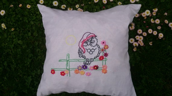 Hand Embroidered Pillow Cover Embroidered Throw Pillows Owl Etsy