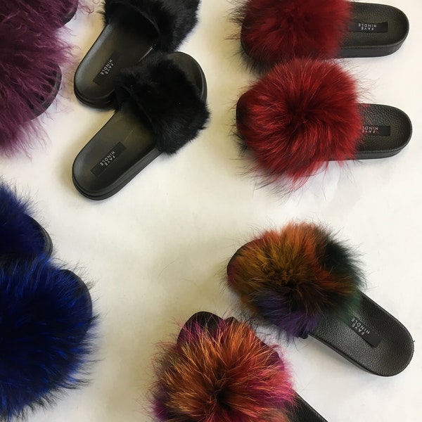 Real Fur Raccoon Fluffy Sliders - Cosy Rubber Sandals for Women, Fur Slippers, Trendy Ladies Footwear, Comfortable flat shoes