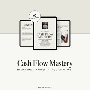 May include: A digital book cover with the title "Cash Flow Mastery: Navigating Finances in the Digital Age". The cover features a woman holding a stack of cash and the text "Let's Talk About Cash Flow Mastery".