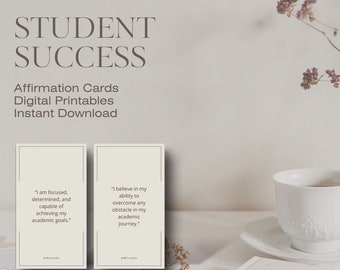 May include: Two printable affirmation cards with a beige background and brown text. The first card says "I am focused, determined, and capable of achieving my academic goals." The second card says "I believe in my ability to overcome any obstacle in my academic journey."