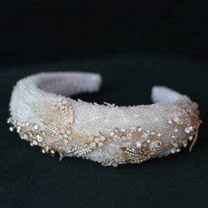 CORDELIA WHITE extra thick padded crushed velvet headband/hairband embellished gold rhinestones jewels beads wedding bridal bride hairpiece