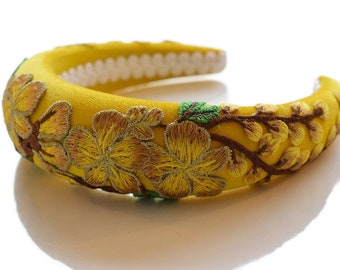 BRIGETTE YELLOW Beautiful bright floral flower embroidery extra puffy thick 4cm 1 inch padded velvet headband/hairband perfect gift for her