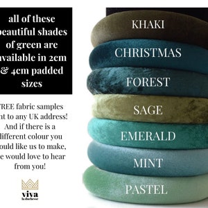May include: Stack of seven velvet headbands in various shades of green, including khaki, Christmas, forest, sage, emerald, mint, and pastel. The headbands are available in 2 cm and 4 cm padded sizes.