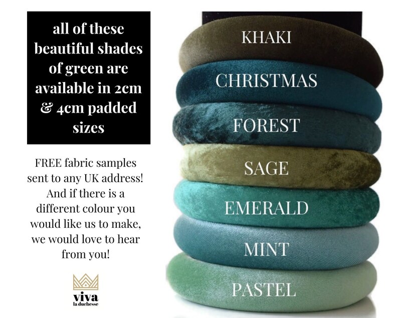 May include: Stack of seven velvet headbands in various shades of green, including khaki, Christmas, forest, sage, emerald, mint, and pastel. The headbands are available in 2 cm and 4 cm padded sizes.