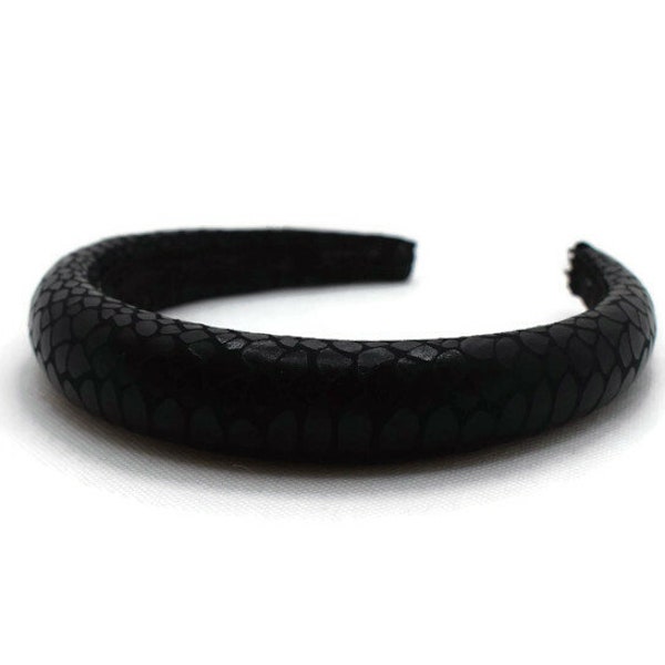 Peau de serpent noire 2 cm unie - Serre-tête/serre-tête en velours rembourré épais et gonflé en similicuir Alice Band, parfait accessoire de mariage/d'occasion