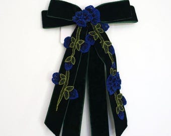 Velvet Embroidered Hair Bow now in 8 colours | Perfect Gift for Her | Floral vintage style hair clip flower large bow on alligator clip
