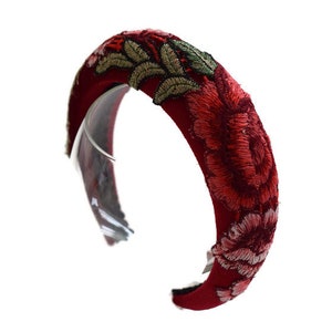 JULIANA RED extra puffy thick high padded velvet headband/hairband embellished embroidered roses floral brocade trim wedding crown accessory