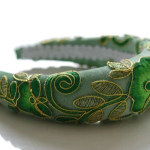 MAELLE GREEN Beautiful pastel and gold floral embroidery extra puffy thick 4cm 1 inch padded velvet headband hairband perfect gift for her