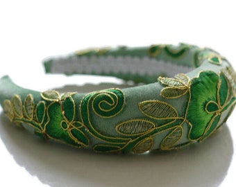 MAELLE GREEN Beautiful pastel and gold floral embroidery extra puffy thick 4cm 1 inch padded velvet headband hairband perfect gift for her