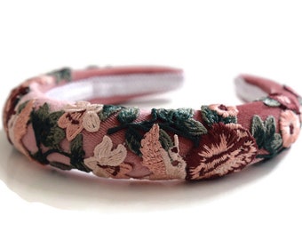 MARYSE dusky pink - beautiful velvet padded headband/hairband with pink and green floral flower embroidery perfect gift hairpiece