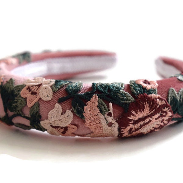 MARYSE dusky pink - beautiful velvet padded headband/hairband with pink and green floral flower embroidery perfect gift hairpiece