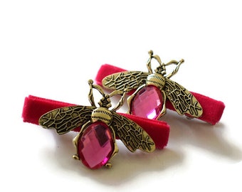 Pink & Gold Bee Clips - Set of 2 Beautiful bright velvet hair bows alligator clip embellished with gold bee insect jewel gem decoration pair