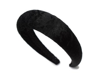 Black CRUSHED VELVET 4cm Plain Headband | Extra Thick Padded Hairband | Everyday/Wedding Hair Accessory | Classic Style Puffy Hairpiece