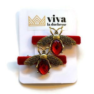 Rot & Gold Bienen-Clips - 2er-Set Schöne rote Samt-Haar-Alligator-Clip mit goldenem Biene Insektenschmuck Edelstein Dekoration Clip-Set Paar