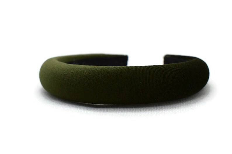 May include: A dark green velvet headband. The headband is thick and wide, and it is made of a soft, plush material.