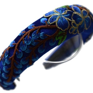 BRIGETTE ROYAL BLUE Beautiful floral flower embroidery extra puffy thick 4cm 1 inch padded velvet headband/hairband perfect gift for her