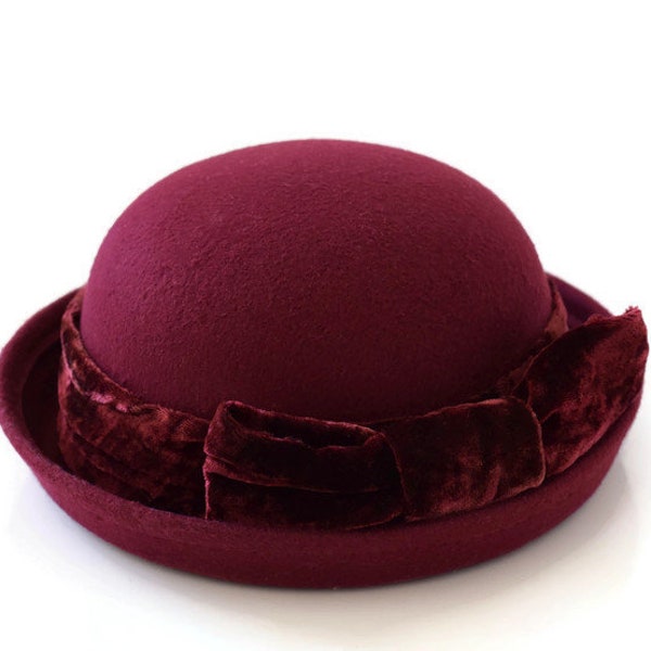 JANEY Burgundy Red Childs Girls Felt Bowler Hat with crushed velvet trim and big bow - size to fit Age 2, 3, 4, 5 (2-5 years) Winter