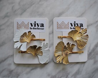 Ginkgo Clip Range - Set van 2 schuifbare 65 mm gouden haarclips van hoge kwaliteit versierd met bloemige bladdecoraties | Mooi cadeau voor haar