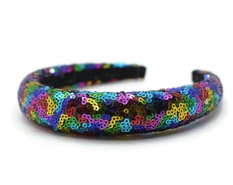Rainbow Sequins 2 cm Headband | Multicolour Padded Velvet Hairband | Beautiful Christmas Party Wedding Hair Accessory | Gift for Her