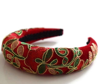 MAELLE RED Beautiful Floral Headband with Gold Embroidery | Extra Thick Padded Velvet Hairband Perfect Christmas Hairpiece | Gift for her