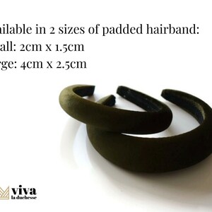 May include: Two olive green padded hairbands, one smaller and one larger. The smaller hairband measures 2 inches by 1.5 inches. The larger hairband measures 4 inches by 2.5 inches.