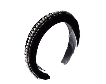 LAILA BLACK Beautiful puffy thick padded velvet headband/hairband embellished with white pearl beads trim decoration wedding crown