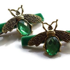 Green & Gold Bee Clips - Set of 2 Beautiful green velvet hair bows alligator clip embellished with gold bee insect jewel gem decoration pair