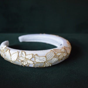 MAVERY WHITE Beautiful puffy thick padded velvet headband/hairband embellished with embroidered gold floral trim decoration wedding crown
