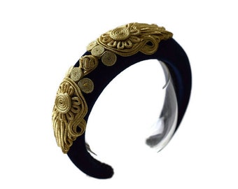 ARIADNE NAVY BLUE extra thick padded velvet headband/hairband embellished with gold brocade chinese knot wedding accessory crown