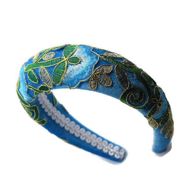 MAELLE AZURE BLUE Beautiful floral flower gold embroidery extra puffy thick 4cm 1 inch padded velvet headband hairband perfect gift for her