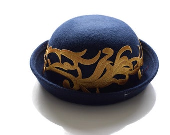 DELILAH Navy Blue Childs Girls Felt Bowler Hat with gold embroidered trim royal style - size to fit Age 2, 3, 4, 5 (2-5 years) Winter
