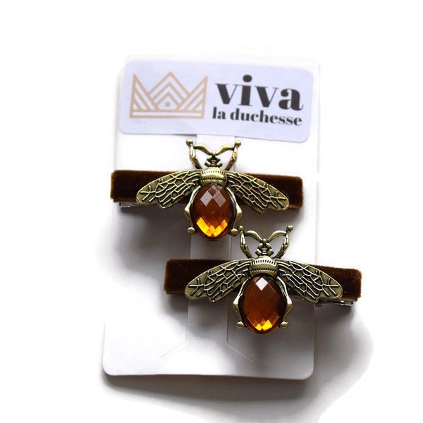 Tan & Gold Bee Clips - Set of 2 Beautiful brown and amber velvet hair bows alligator clip embellished with bee insect jewel gem decoration