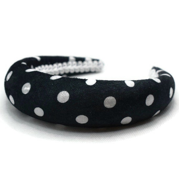 Black and White Polka Dot velvet spotty patterned extra puffy thick 4cm 1 inch padded high headband/hairband perfect gift