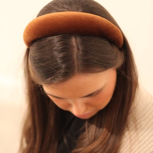 May include: A brown velvet headband for women. The headband is wide and has a simple, elegant design.