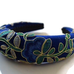 MAELLE ROYAL BLUE Beautiful floral flower gold embroidery extra puffy thick 4cm 1 inch padded velvet headband hairband perfect gift for her
