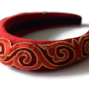 HELENA RED gold wide padded velvet matador headband/hairband embellished embroidered gold brocade trim wedding crown accessory hairpiece
