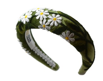 BLUME GREEN Hermosa diadema floral con bordado de margaritas / Diadema de terciopelo acolchada extra gruesa de 4 cm y 1 pulgada / Regalo de corona de flores para ella