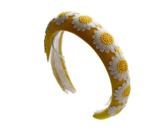 DAISY YELLOW Beau serre-tête rembourré en velours avec embellissement de marguerites brodées, accessoire parfait pour un mariage ou une occasion, couronne d'été