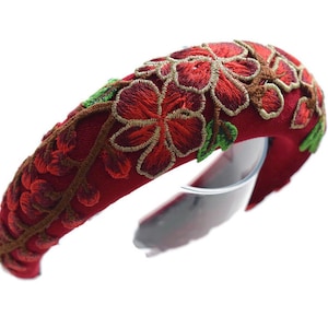BRIGETTE RED WINE Beautiful burgundy floral flower embroidery extra thick 4cm 1 inch padded velvet headband/hairband perfect gift for her
