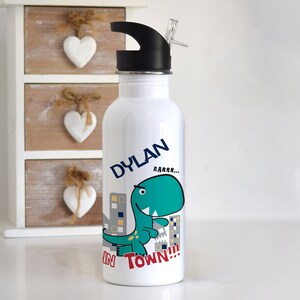 GRATIS VERZENDAANBOD! - Gepersonaliseerde roestvrijstalen waterfles 600ml - Dino in de stad