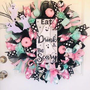 Pink Ghost Wreath, Mint Ghost Wreath, Pink & Mint Halloween Wreath, Pastel Halloween Wreath, Pastel Halloween Decor, Halloween Ghost Wreath