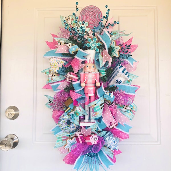 Pastel Christmas Swag, Candy Land Wreath, Nutcracker Wreath, Pink Christmas Decor, Pastel Holiday Wreath, Winter Wonderland Wreath