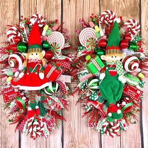 Christmas Elf Swags for Front Door, Matching Double Door Holiday Wreath Set, Festive Red and Green Whimsical Christmas Decor