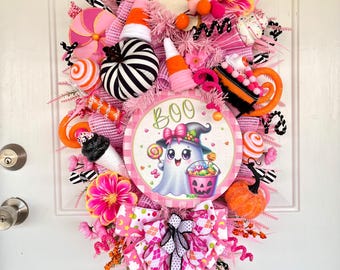 Ghirlanda di Halloween rosa e arancione / Ghirlanda per porta con scritta "Fantasma Boo" / Decorazione stravagante per la porta d'ingresso con zucca e caramelle di mais / Ghirlanda di Halloween pastello