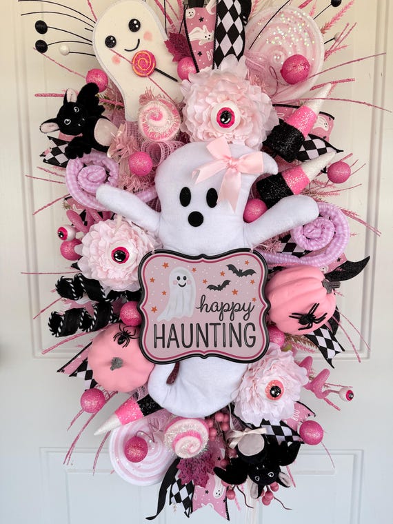 Pink Halloween Wreath, Pink Halloween Swag, Pink Halloween Ghost Wreath, Pink Ghost Wreath, Pink Halloween Decor, Pink Halloween Swag Wreath