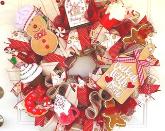 Whimsical Gingerbread Baking Wreath, Holiday Cookie Door Decor (25" Tall)