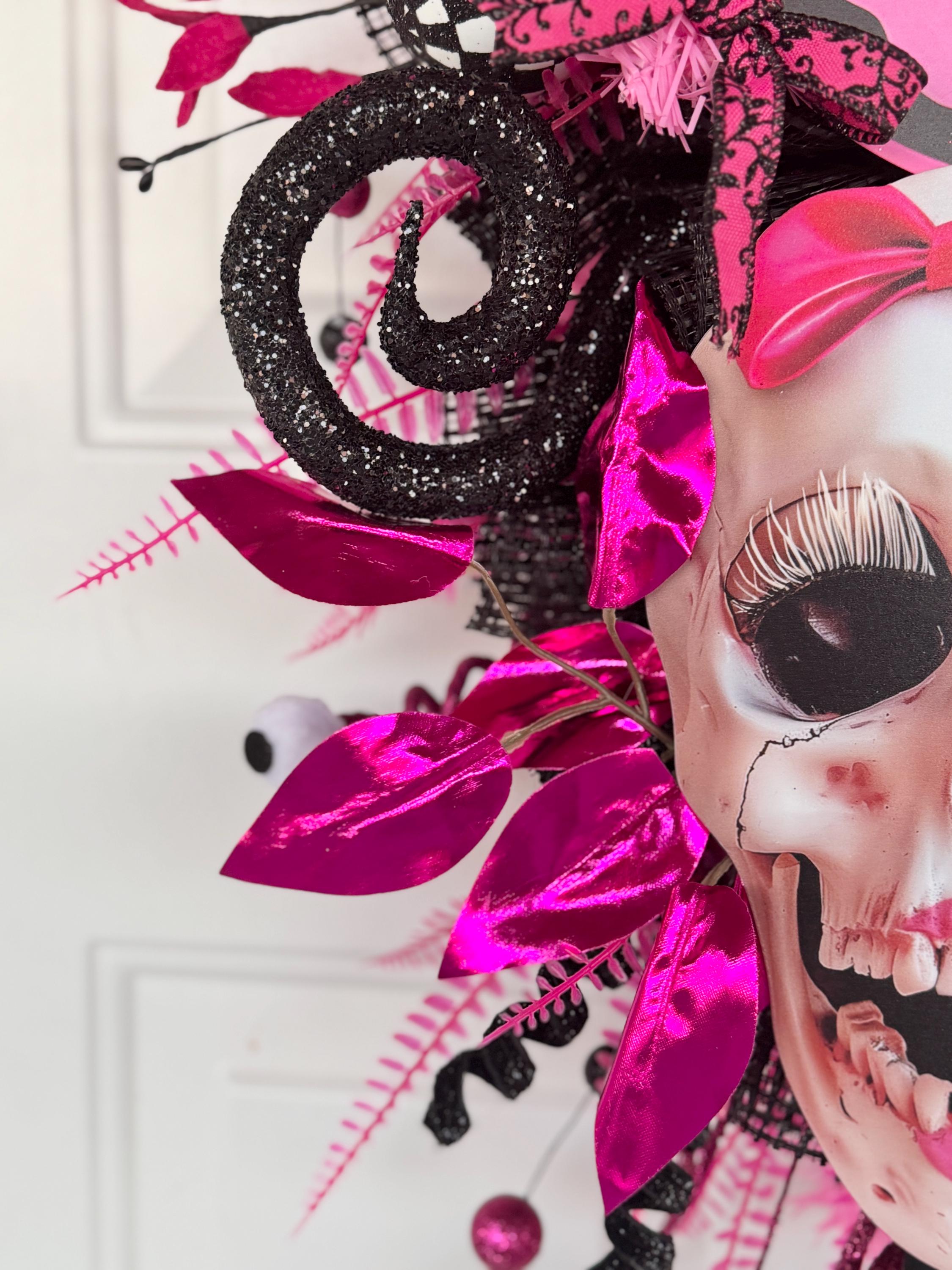 Pink Halloween Wreath, Pink Jeweled Halloween Wreath, Pink Skull Wreath